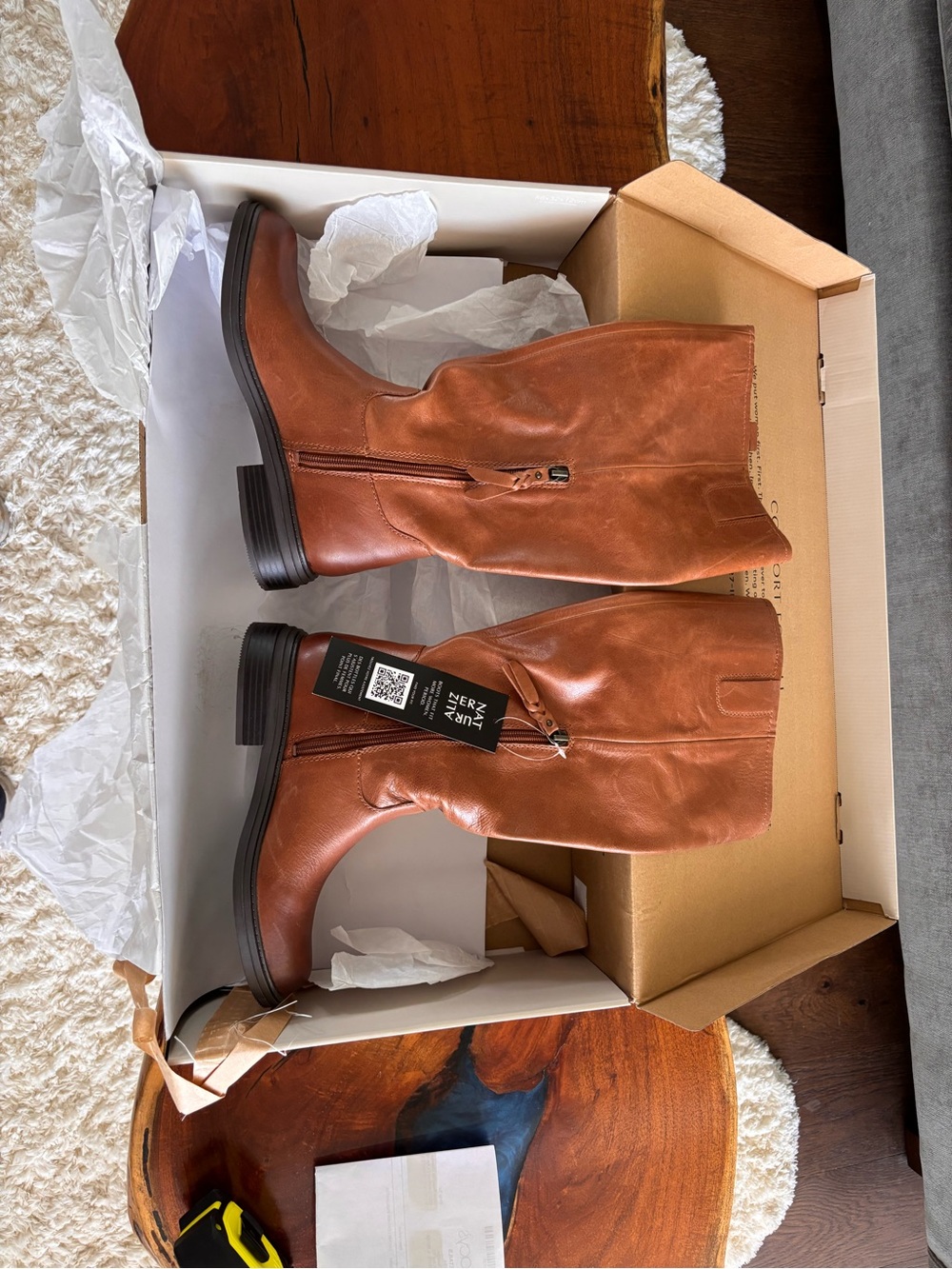 Naturalizer Women's Cognac Mid-Calf Leather Zip Heeled Boots